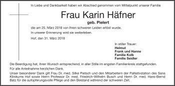 Traueranzeige von Karin Häfner von Frankenpost