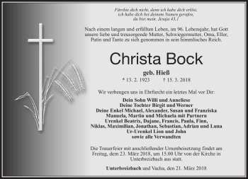 Traueranzeige von Christa Bock von Südthüringer Presse