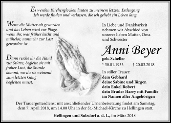 Traueranzeige von Anni Beyer von Südthüringer Presse
