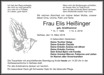 Traueranzeige von Elis Heißinger von Frankenpost