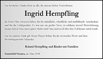 Traueranzeige von Ingrid Hempfling von Neue Presse Coburg
