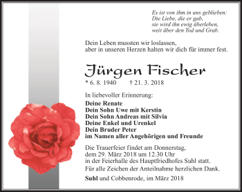 Traueranzeige von Jürgen Fischer von Südthüringer Presse
