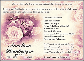 Traueranzeige von Anneliese Bamberger von Südthüringer Presse