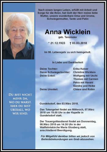 Traueranzeige von Anna Wicklein von Neue Presse Coburg