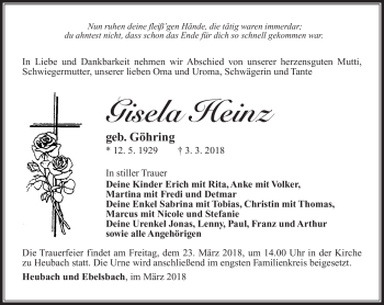 Traueranzeige von Gisela Heinz von Südthüringer Presse