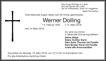 Traueranzeige von Werner Dolling von Frankenpost
