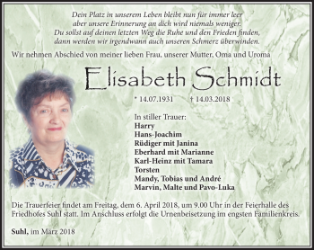 Traueranzeige von Elisabeth Schmidt von Südthüringer Presse