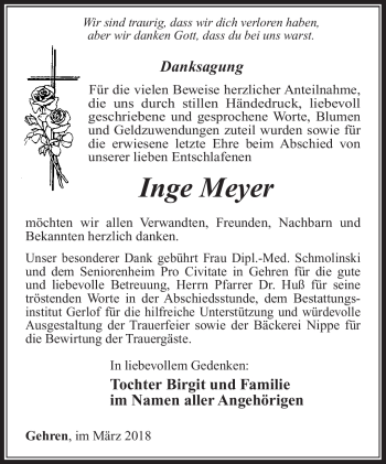 Traueranzeige von Inge Meyer von Südthüringer Presse