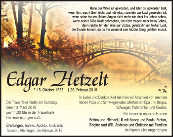 Traueranzeige von Edgar Hetzelt von Südthüringer Presse