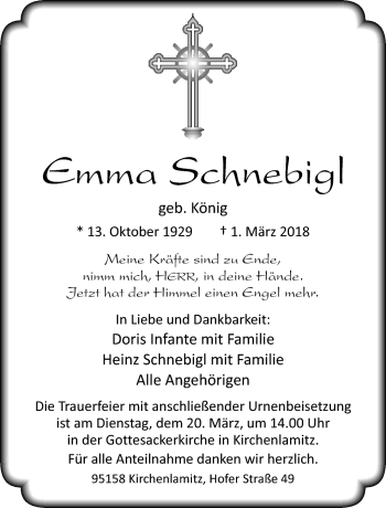 Traueranzeige von Emma Schnebigl von Frankenpost