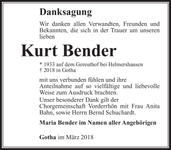 Traueranzeige von Kurt Bender von Südthüringer Presse