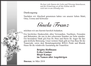 Traueranzeige von Gisela Franz von Südthüringer Presse