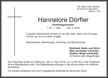 Traueranzeige von Hannelore Dörfler von Frankenpost