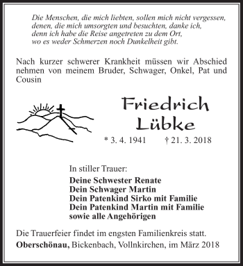 Traueranzeige von Friedrich Lübke von Südthüringer Presse