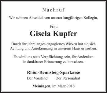 Traueranzeige von Gisela Kupfer von Südthüringer Presse