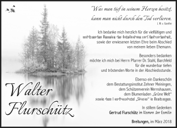 Traueranzeige von Walter Flurschütz von Südthüringer Presse