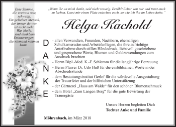 Traueranzeige von Helga Kachold von Südthüringer Presse