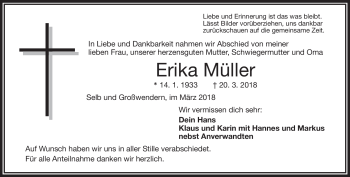 Traueranzeige von Erika Müller von Frankenpost