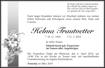 Traueranzeige von Helma Trautvetter von Südthüringer Presse