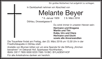 Traueranzeige von Melante Beyer von Frankenpost