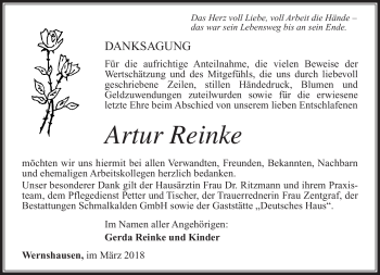 Traueranzeige von Artur Reinke von Südthüringer Presse