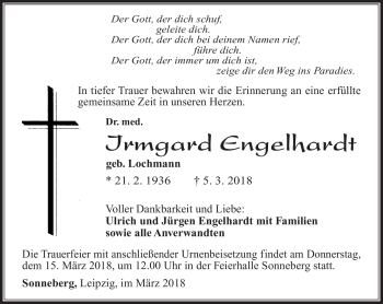 Traueranzeige von Irmgard Engelhardt von Südthüringer Presse