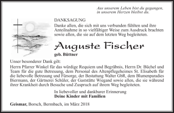 Traueranzeige von Auguste Fischer von Südthüringer Presse