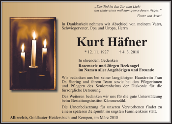 Traueranzeige von Kurt Häfner von Südthüringer Presse