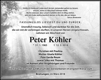 Traueranzeige von Peter Köhler von Südthüringer Presse