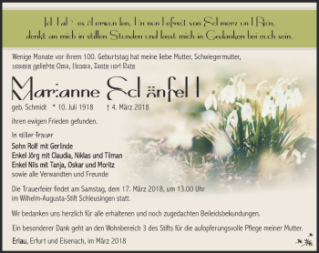 Traueranzeige von Marianne Schönfeld von Südthüringer Presse