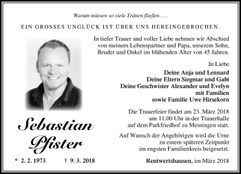 Traueranzeige von Sebastian Pfister von Südthüringer Presse