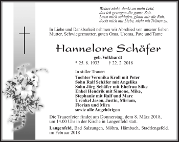 Traueranzeige von Hannelore Schäfer von Südthüringer Presse