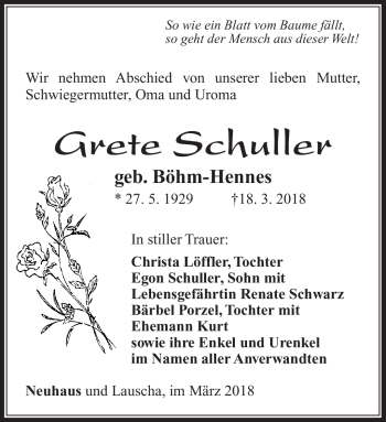Traueranzeige von Grete Schuller von Südthüringer Presse