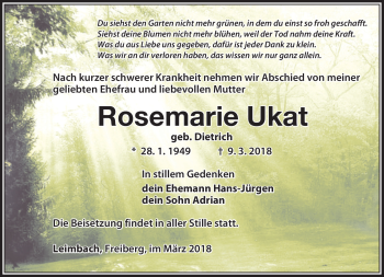 Traueranzeige von Roesemarie Ukat von Südthüringer Presse