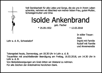 Traueranzeige von Isolde Ankenbrand von Neue Presse Coburg