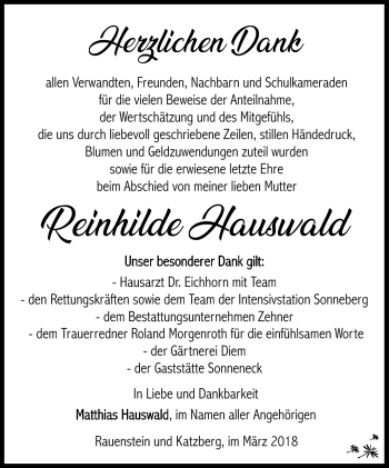 Traueranzeige von Reinhilde Hauswald von Südthüringer Presse