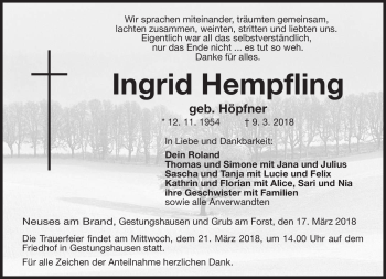 Traueranzeige von Ingrid Hempfling von Neue Presse Coburg