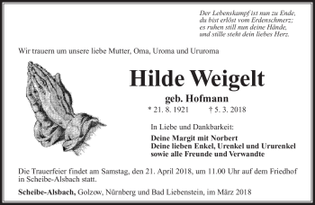 Traueranzeige von Hilde Weigelt von Südthüringer Presse