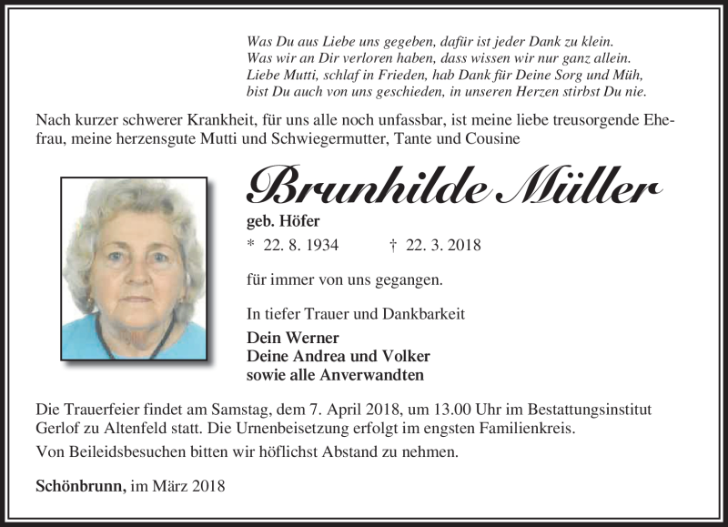  Traueranzeige für Brunhilde Müller vom 31.03.2018 aus Südthüringer Presse