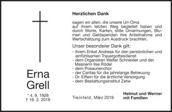 Traueranzeige von Erna Grell von Neue Presse Coburg