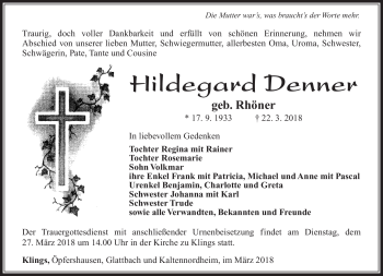 Traueranzeige von Hildegard Denner von Südthüringer Presse