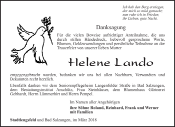 Traueranzeige von Helene lando von Südthüringer Presse