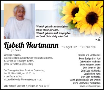 Traueranzeige von Lisbeth Hartmann von Südthüringer Presse