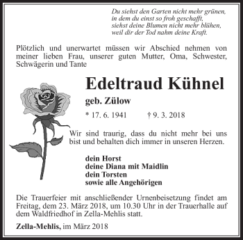 Traueranzeige von Edeltraud Kühnel von Südthüringer Presse