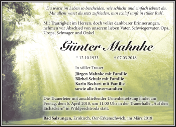 Traueranzeige von Günter Mahnke von Südthüringer Presse