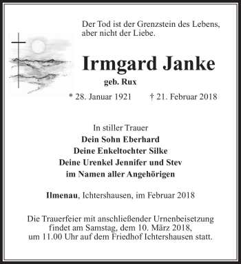 Traueranzeige von Irmgard Janke von Südthüringer Presse