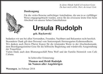 Traueranzeige von Ursula Rudolph von Südthüringer Presse