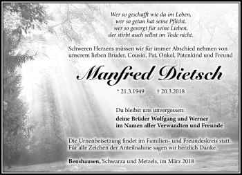 Traueranzeige von Manfred Dietsch von Südthüringer Presse