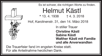 Traueranzeige von Helmut Kästl von Frankenpost