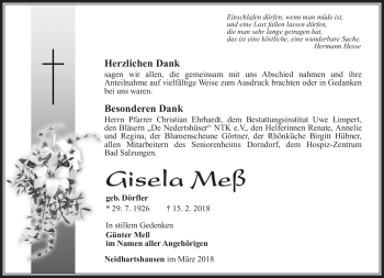 Traueranzeige von Gisela Meß von Südthüringer Presse